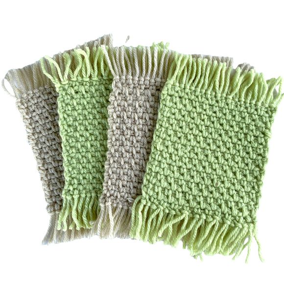 Mug Rugs Coasters Handmade Crochet Green Beige Fringe Vinyl Back Set of 4 - Picture 10 of 10